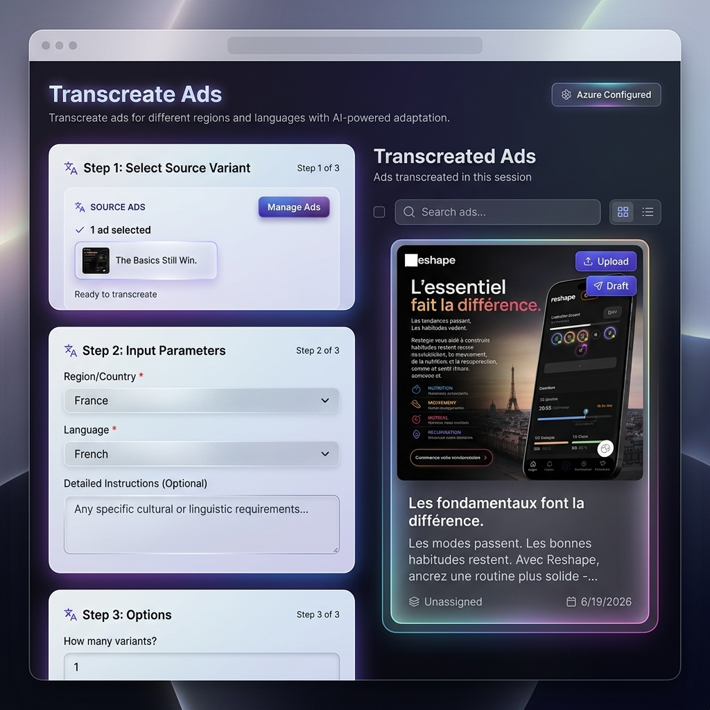 AdsVinci transcreate workflow showing source ad selection, French language settings, and a transcreated ad preview